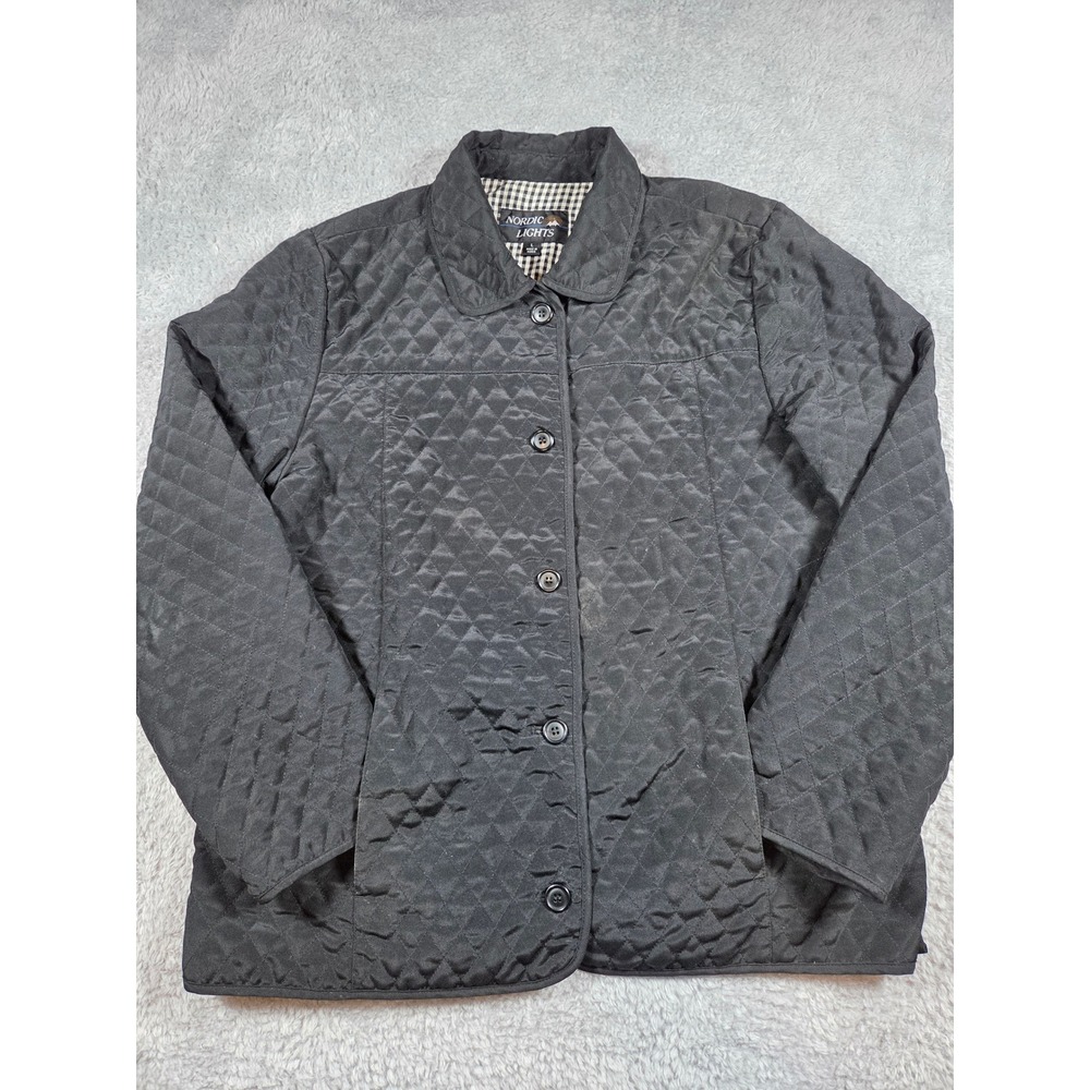 Nordic Lights Quilted Jacket‎ Large Black Womens Button Front Gingham Lined Coat